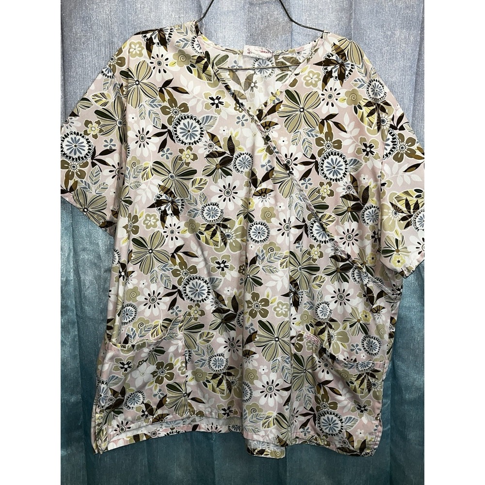 Cherokee Women's Plus Floral Scrub Top Size 2x/3x Pink V-Neck Front Pockets